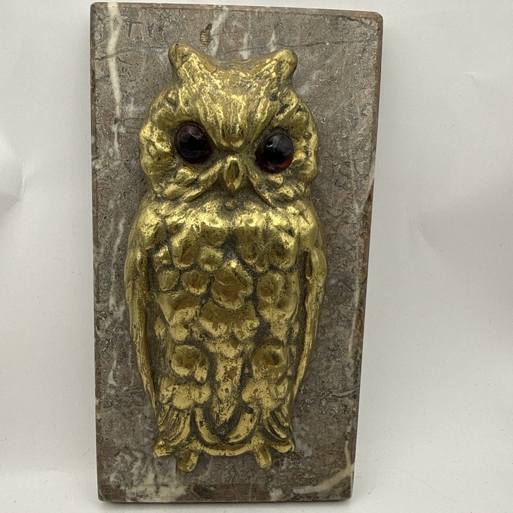 Antique OWL Figural Brass & Marble Desktop Paper Holder Paperclip Vintage Unique